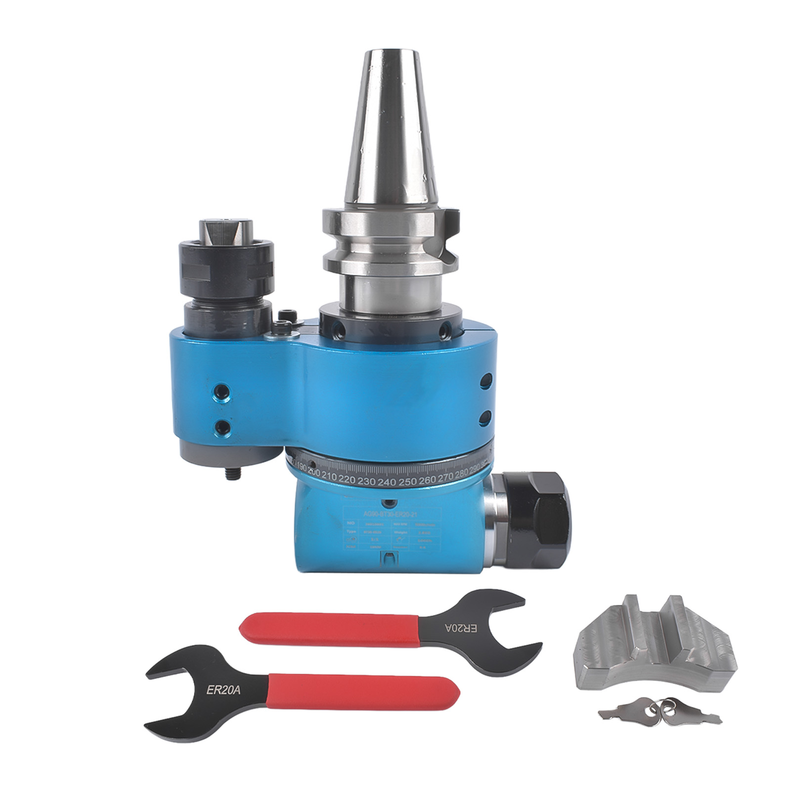 BT30-90°-21-ER20 Fixed Angle Head Collet Chuck 90°Angle 1:1 Gear Ratio 5000r/min Single Head 90 Degree Side Angle view 1