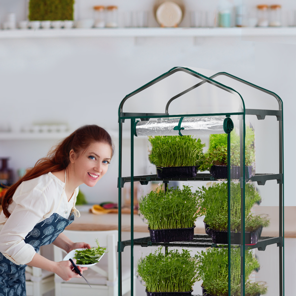 27*19*62in PE布花房 透明PVC 墨绿色铁管 尖顶迷你带4层网格花架 带拉链卷门-15