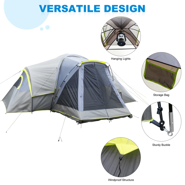10人 深灰色 三室 露营帐篷 涤纶布 玻璃纤维杆 522*260*210cm 家庭帐篷 N001 -2