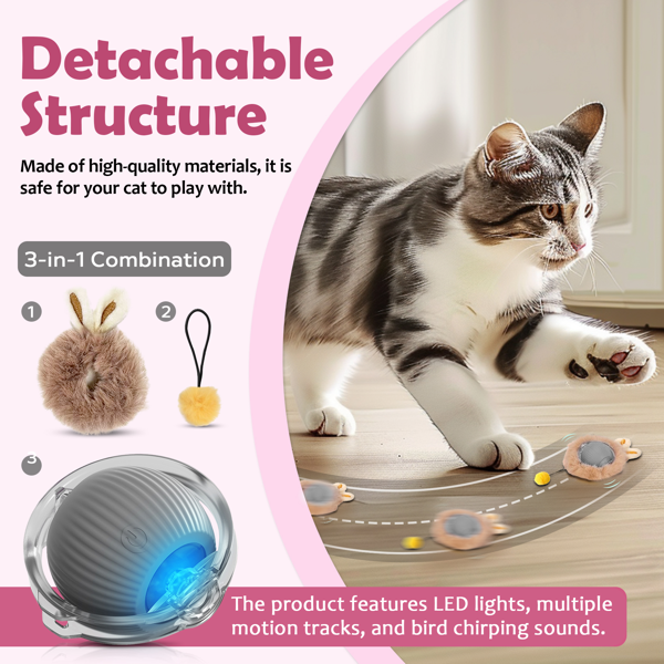 互动电动毛绒猫玩具球——室内猫互动玩具，带灯光的动作感应自动移动球，自带啾啾声的电动自转球，配有蓬松尾巴和兔耳朵，专为室内宠物设计-3