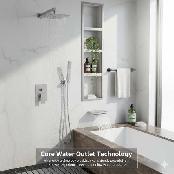 公制NPT淋浴龙头套装，浴室瀑布式淋浴系统，高压10英寸花洒头和手持淋浴喷头，带饰件和分流器的壁挂式浴缸龙头淋浴阀，拉丝镍材质【周末不发货，TK/TEMU订单仅支持自提】-8