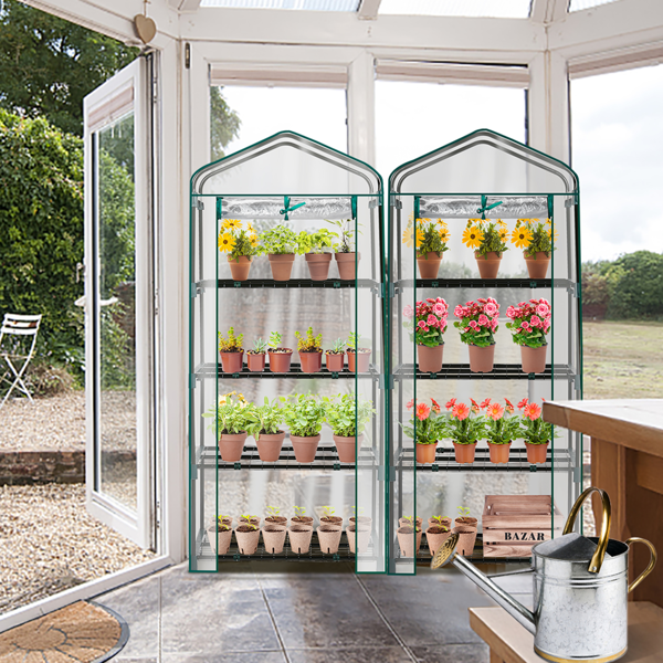 27*19*62in PE布花房 透明PVC 墨绿色铁管 尖顶迷你带4层网格花架 带拉链卷门-19