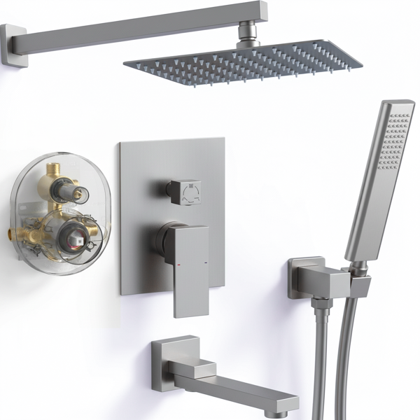 外螺纹拉丝镍淋浴系统，12英寸淋浴花洒头配手持淋浴喷头，浴室壁挂式淋浴龙头套装（含压力平衡淋浴阀芯套件）【周末不发货，TK/TEMU订单仅支持自提】-5