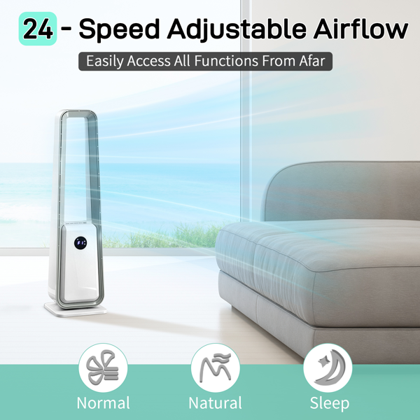 美规 HTY2204 无叶扇 110V 36W 35inch 无叶风扇 带LED电子屏 带黑边遥控器  塑料 铝电机 白色 3档风速 12H定时 3种模式 左右摆风 净化空气  梯形-13