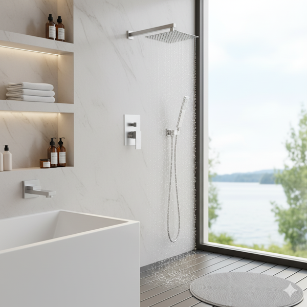 外螺纹拉丝镍淋浴系统，12英寸淋浴花洒头配手持淋浴喷头，浴室壁挂式淋浴龙头套装（含压力平衡淋浴阀芯套件）【周末不发货，TK/TEMU订单仅支持自提】-12