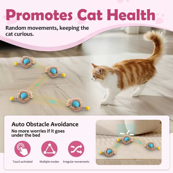互动电动毛绒猫玩具球——室内猫互动玩具，带灯光的动作感应自动移动球，自带啾啾声的电动自转球，配有蓬松尾巴和兔耳朵，专为室内宠物设计-5