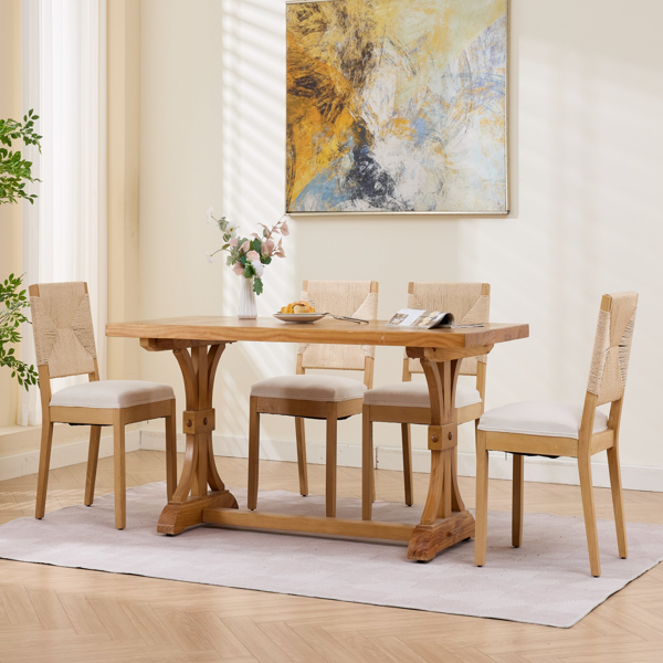 中世纪现代风格藤编餐椅两件套，木质餐椅，藤编靠背，软垫座椅，亚麻布软垫，天然饰面，米色，SW1883MT-8