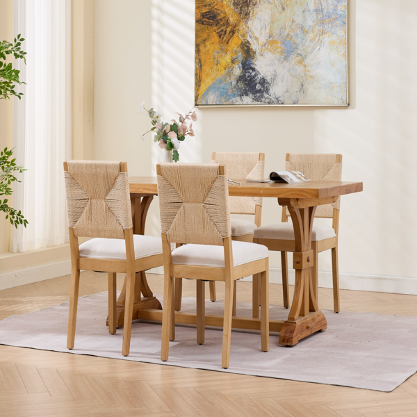 中世纪现代风格藤编餐椅两件套，木质餐椅，藤编靠背，软垫座椅，亚麻布软垫，天然饰面，米色，SW1883MT-16