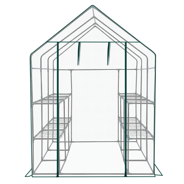 56*85*77in PE布花房 白色PE布 墨绿色铁管 尖顶 带12片网格花架 带拉链卷门-10
