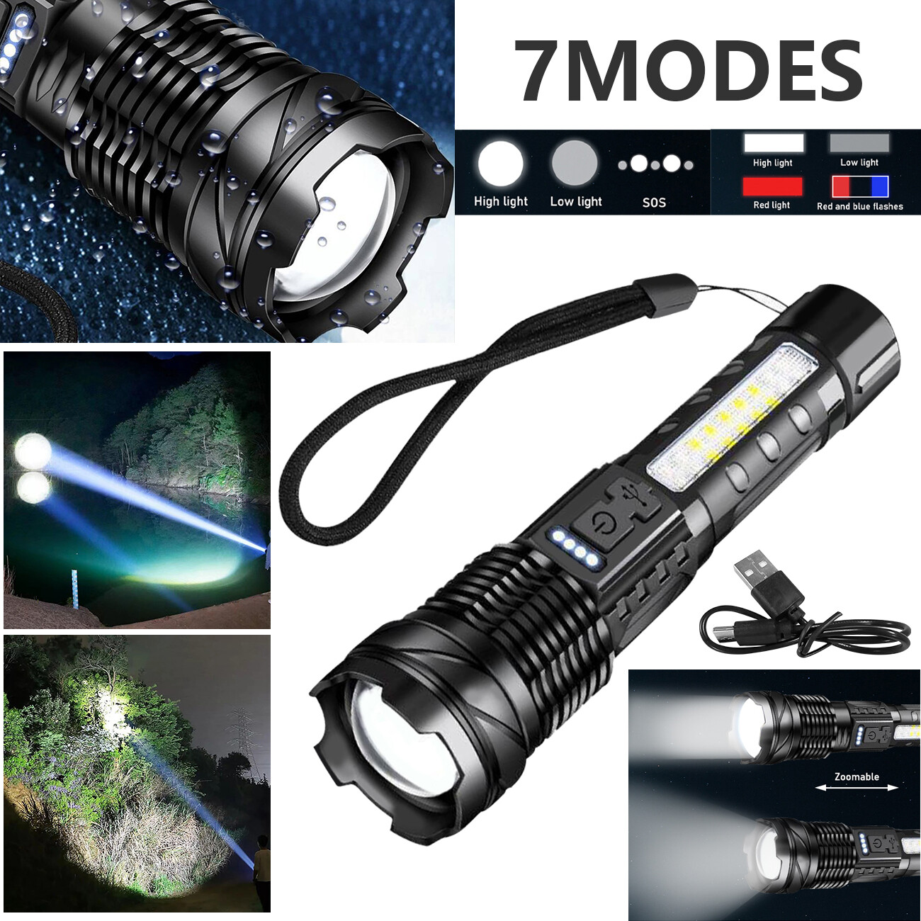 （2Pack）USB Rechargeable LED Flashlight Adjustable Focus Camping Hiking Outdoor Flashlight Work Light_voghion.com