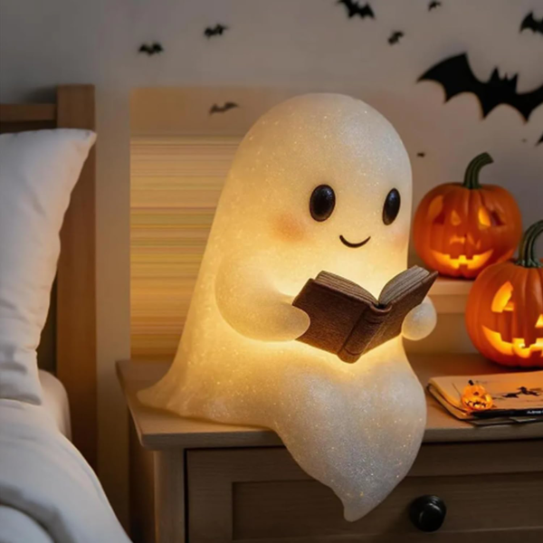 可爱的鬼魂朗读书 灯 万圣节礼物 点亮 鬼魂雕像 夜灯 暖灯室内小雕像 家庭派对壁炉架 家庭派对 卧室书架（6英寸）-3