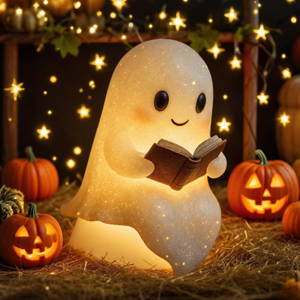 可爱的鬼魂朗读书 灯 万圣节礼物 点亮 鬼魂雕像 夜灯 暖灯室内小雕像 家庭派对壁炉架 家庭派对 卧室书架（6英寸）-1