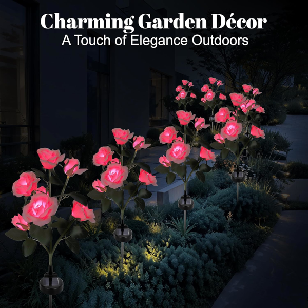 户外太阳能玫瑰灯，2 件装，含 14 朵玫瑰，防水变色 LED 花灯，太阳能花园支柱，用于院子、露台、小径装饰——人造花卉装饰灯-2