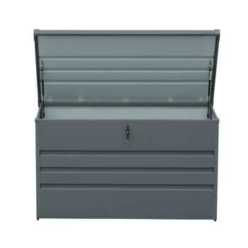 260加仑户外金属甲板收纳箱（防水）——超大庭院储物箱，配有可上锁收纳空间，专用于存放庭院家具坐垫、泳池配件及园艺工具（深灰色）