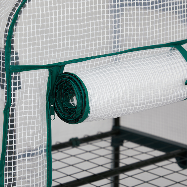 27*19*62in PE布花房 白色PE布 墨绿色铁管 尖顶迷你带4层网格花架 带拉链卷门-16