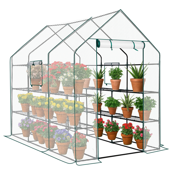 56*85*77in PE布花房 白色PE布 墨绿色铁管 尖顶 带12片网格花架 带拉链卷门-12