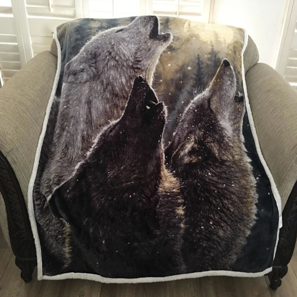 羊羔绒内衬法兰绒触感盖毯 50×60 英寸 群狼啸月款-3