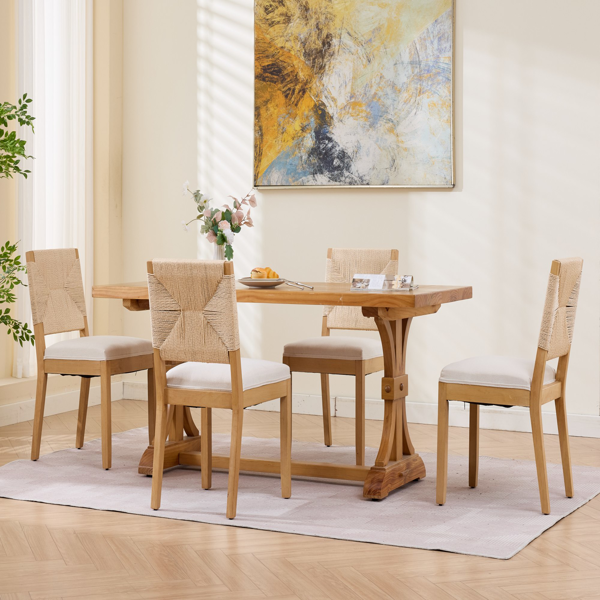 中世纪现代风格藤编餐椅两件套，木质餐椅，藤编靠背，软垫座椅，亚麻布软垫，天然饰面，米色，SW1883MT-10