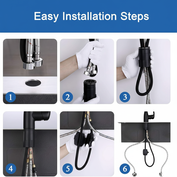 单柄高弧度哑黑厨房水槽拉出式水龙头，配备4种喷洒模式，单层不锈钢材质，带下拉式喷头【周末不发货，TK/TEMU订单仅支持自提】-3