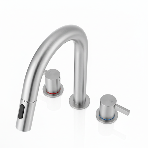 8英寸宽幅洗手池水龙头，双把手三孔设计，配备弹起式排水器和360°下拉式喷头，拉丝镍[周末无法发货，TK/TEMU仅支持自提]-7