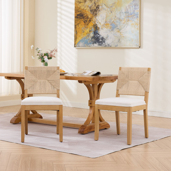中世纪现代风格藤编餐椅两件套，木质餐椅，藤编靠背，软垫座椅，亚麻布软垫，天然饰面，米色，SW1883MT-18
