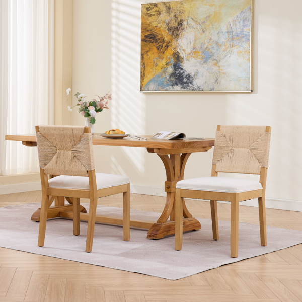 中世纪现代风格藤编餐椅两件套，木质餐椅，藤编靠背，软垫座椅，亚麻布软垫，天然饰面，米色，SW1883MT-15