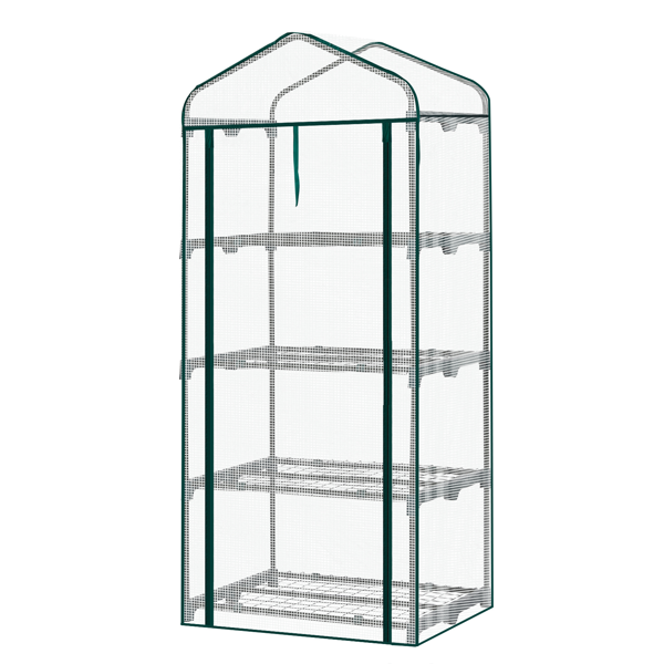 27*19*62in PE布花房 白色PE布 墨绿色铁管 尖顶迷你带4层网格花架 带拉链卷门-1