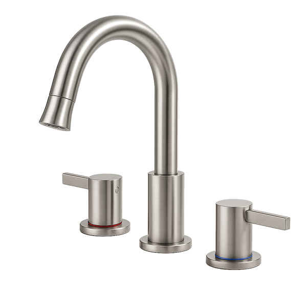 8英寸宽幅浴室水龙头，双把手三孔设计，配备360°下拉式喷头和弹起式下水器，拉丝镍[周末无法发货，TK/TEMU仅支持自提]-1