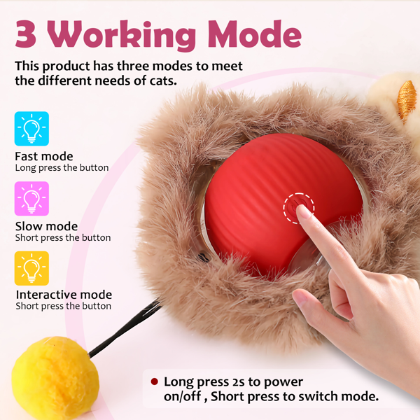 互动电动毛绒猫玩具球——室内猫互动玩具，带灯光的动作感应自动移动球，自带啾啾声的电动自转球，配有蓬松尾巴和兔耳朵，专为室内宠物设计-4