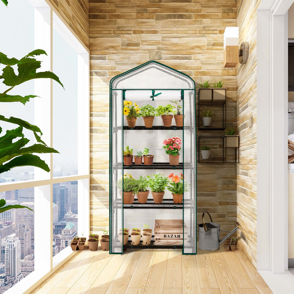 27*19*62in PE布花房 白色PE布 墨绿色铁管 尖顶迷你带4层网格花架 带拉链卷门-12