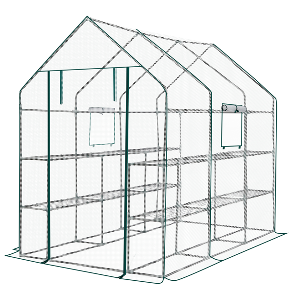 56*85*77in PE布花房 白色PE布 墨绿色铁管 尖顶 带12片网格花架 带拉链卷门-14