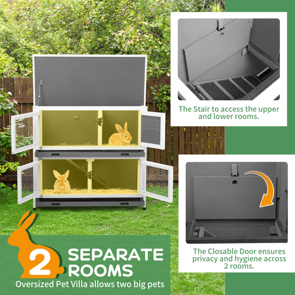 36"L 上下2层 带托盘 灰色 杉木 木鸡兔笼-13