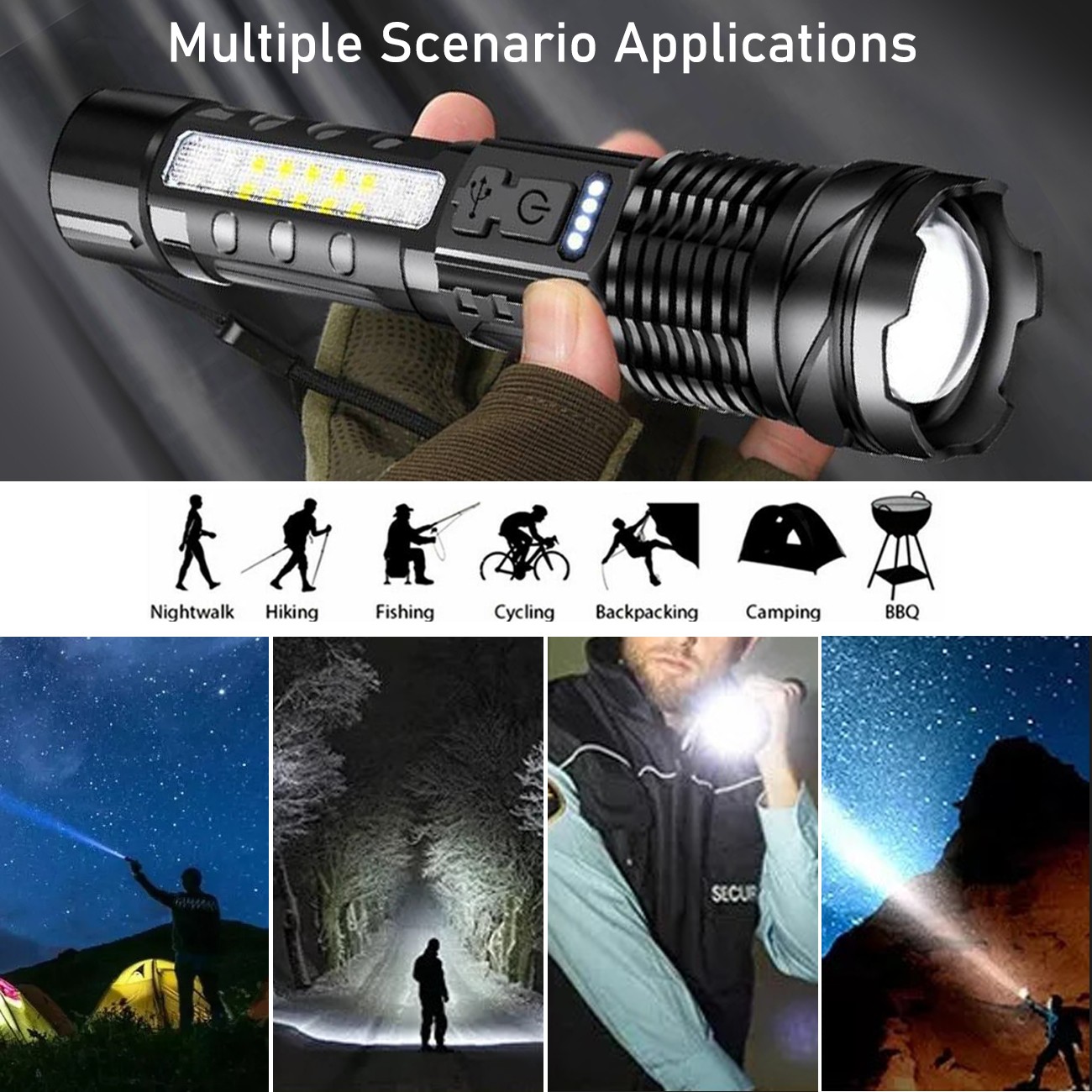 （2Pack）USB Rechargeable LED Flashlight Adjustable Focus Camping Hiking Outdoor Flashlight Work Light_voghion.com