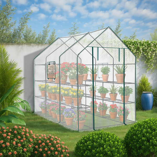 56*85*77in PE布花房 白色PE布 墨绿色铁管 尖顶 带12片网格花架 带拉链卷门-17