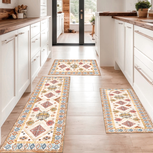 (水晶绒水洗底)厨房地毯3件套，防滑机洗厨房垫，波西米亚复古厨房地毯-1