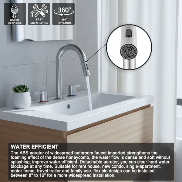 8英寸宽幅洗手池水龙头，双把手三孔设计，配备弹起式排水器和360°下拉式喷头，拉丝镍[周末无法发货，TK/TEMU仅支持自提]-13