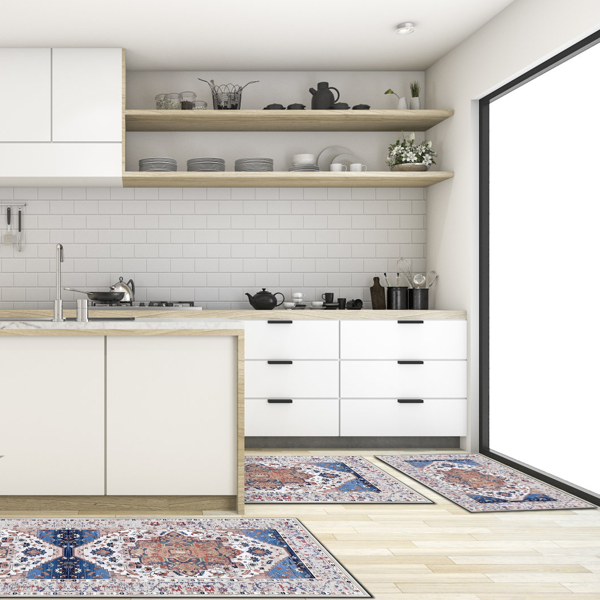 (水晶绒水洗底)厨房地毯3件套，防滑机洗厨房垫，波西米亚复古厨房地毯-4