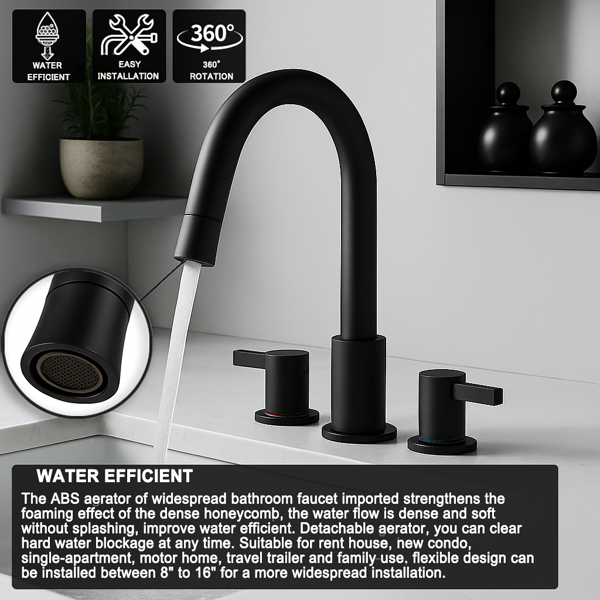 8英寸宽幅浴室水龙头，双把手三孔设计，配备360°下拉式喷头和弹起式下水器，哑光黑[周末无法发货，TK/TEMU仅支持自提]-8