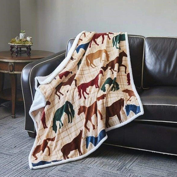 米色格纹法兰绒盖毯 50×60 英寸 七彩骏马图案款-1