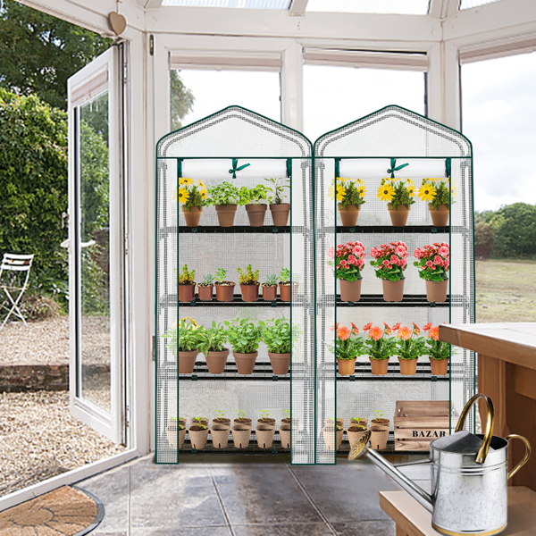 27*19*62in PE布花房 白色PE布 墨绿色铁管 尖顶迷你带4层网格花架 带拉链卷门-22