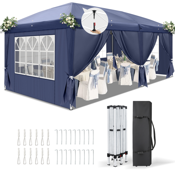 【同款C2602090069】10*20ft  蓝色  一键撑开 6片面-2门4窗 28/22MM脚管 10X20MM交叉杆 折叠棚  210D牛津布  喷塑铁管 配拎包 无沙袋-2