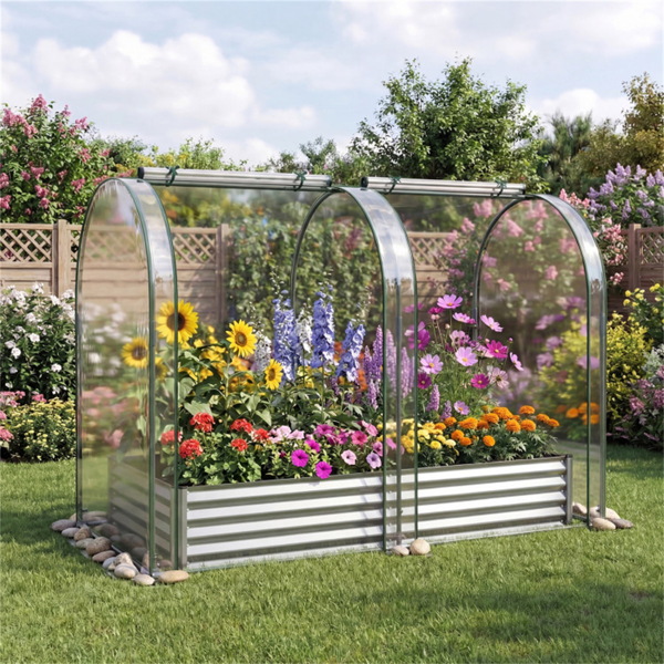 三合一高架花园床，带温室盖130加仑镀锌金属花盆箱 - 银色-6