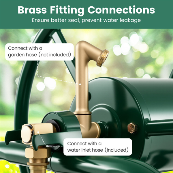 重型花园软管卷盘车，带10英寸气动轮，大容量软管卷取机，带储物篮和黄铜配件 -  绿色-13