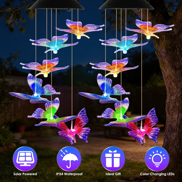 （自提可发加拿大，temu&tk下自提单）2件装户外太阳能风铃，太阳能蝴蝶风铃，变色LED风铃灯，IPX4级防水，适用于花园、露台和阳台的户外悬挂装饰-1