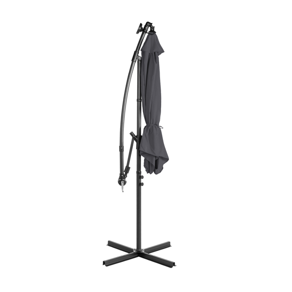 10FT  灰色 香蕉伞 圆形 太阳伞 涤纶布 6铁伞骨 铁直杆弯杆 带立柱脚筒 十字底座 带18灯珠-2