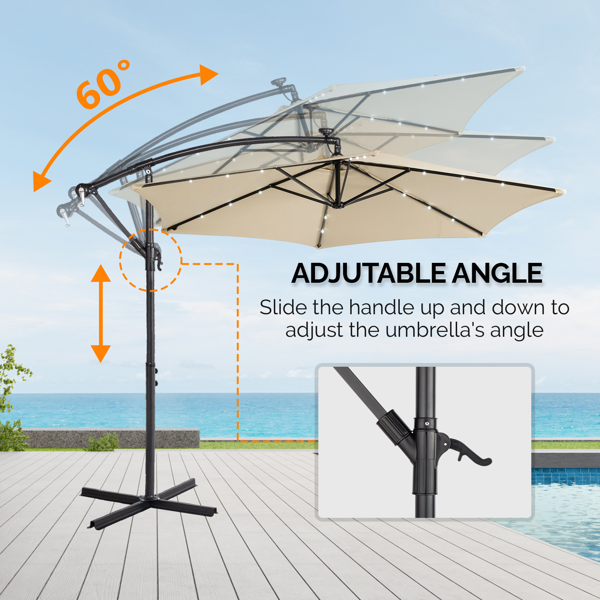 10FT 卡其色 香蕉伞 圆形 太阳伞 涤纶布 6铁伞骨 铁直杆弯杆 带立柱脚筒 十字底座 带18灯珠-25