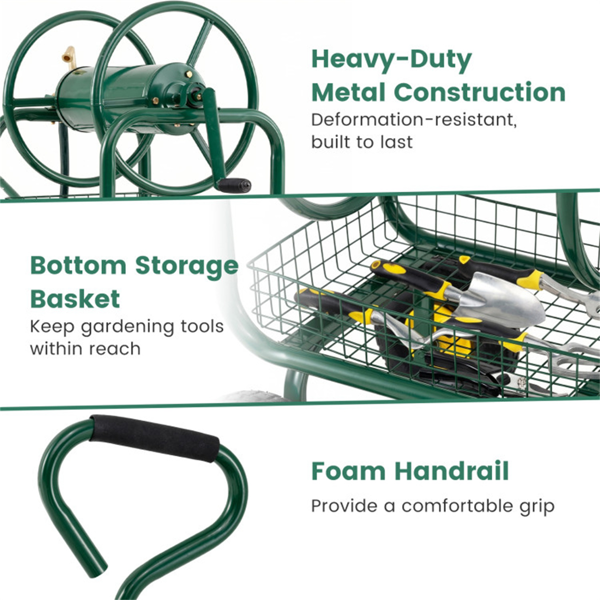 重型花园软管卷盘车，带10英寸气动轮，大容量软管卷取机，带储物篮和黄铜配件 -  绿色-7