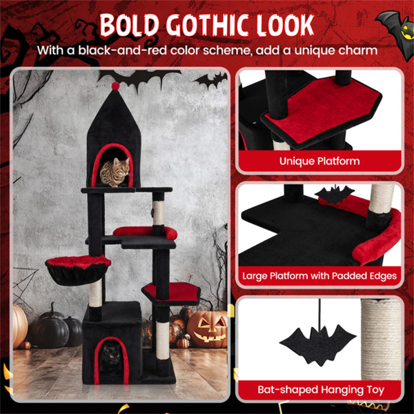 哥特式5层猫树63“高，剑麻抓柱黑红猫塔-11