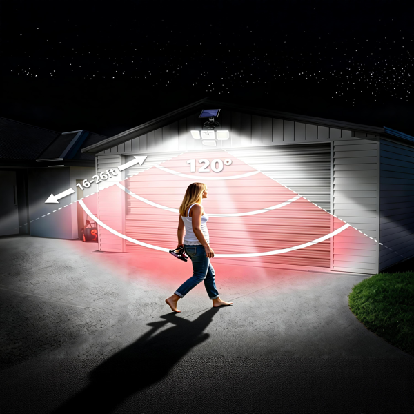 带运动传感器的太阳能户外灯，333颗LED广角灯珠，3种模式，270°照射角度，日光白光，遥控，防水壁灯，适用于车库、庭院，2026新款-4