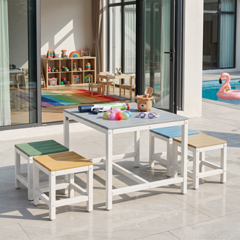 5pcs 1pc桌子+4pcs凳子 29.5in 蓝卡其浅橙蓝绿拼色 儿童庭院桌椅套装 杨木